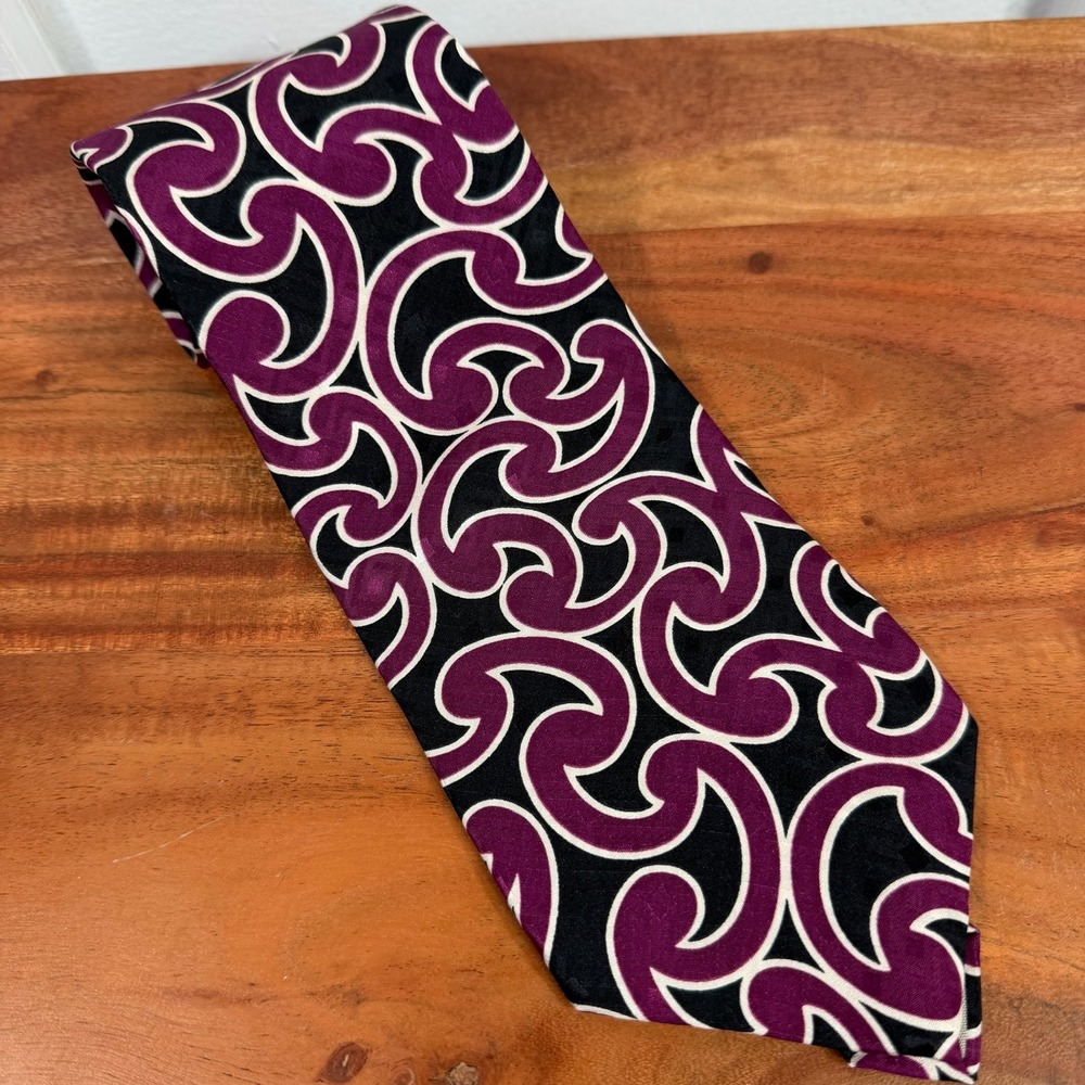 DAMON Mens Silk‎ Tie Purple Black White Swirl Pattern Formal Necktie